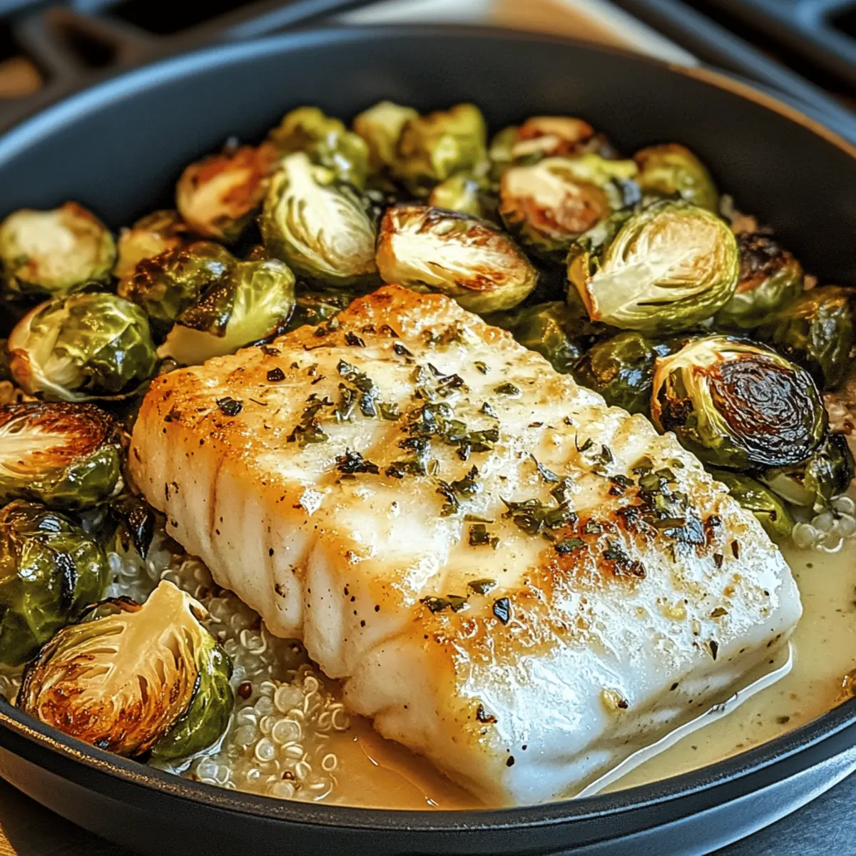 Lemon Garlic Butter Cod Bowls with Roasted Brussels Sprouts