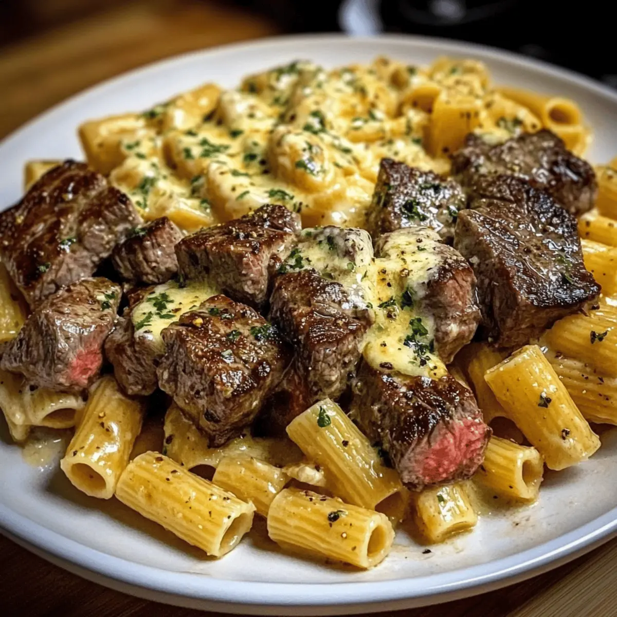 Cheesy Garlic Butter Steak with Rigatoni in Four-Cheese Sauce