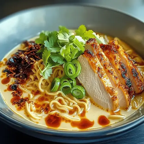 Spicy Fiery Chicken Ramen with Creamy Garlic Sauce
