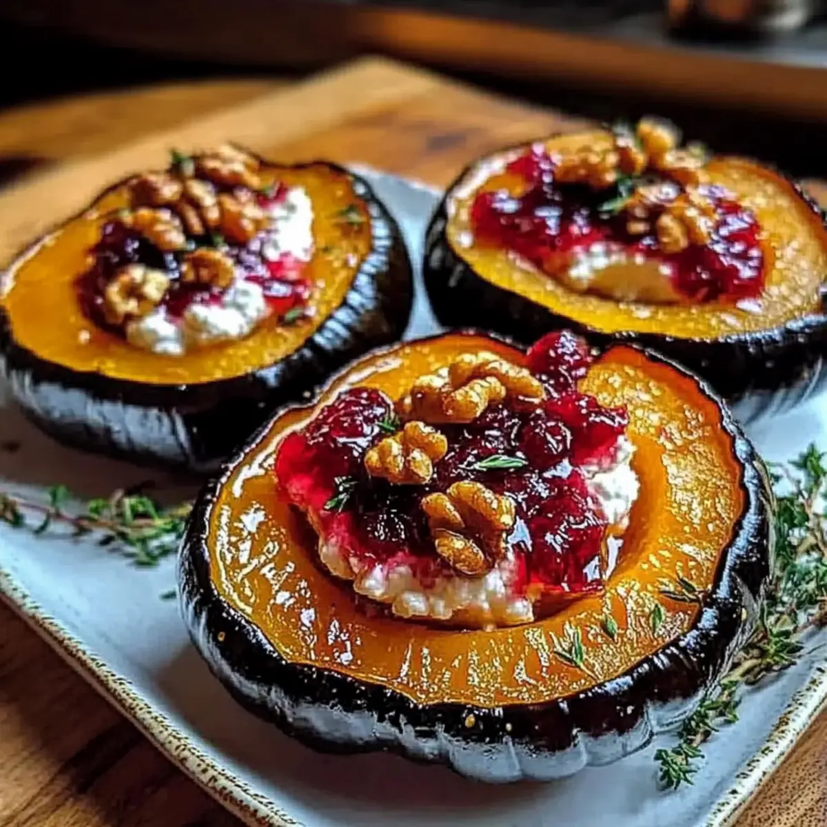 Honey-Glazed Acorn Squash with Creamy Goat Cheese and Cranberry Drizzle