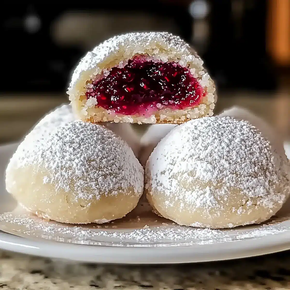 Raspberry Filled Almond Snowball Cookies