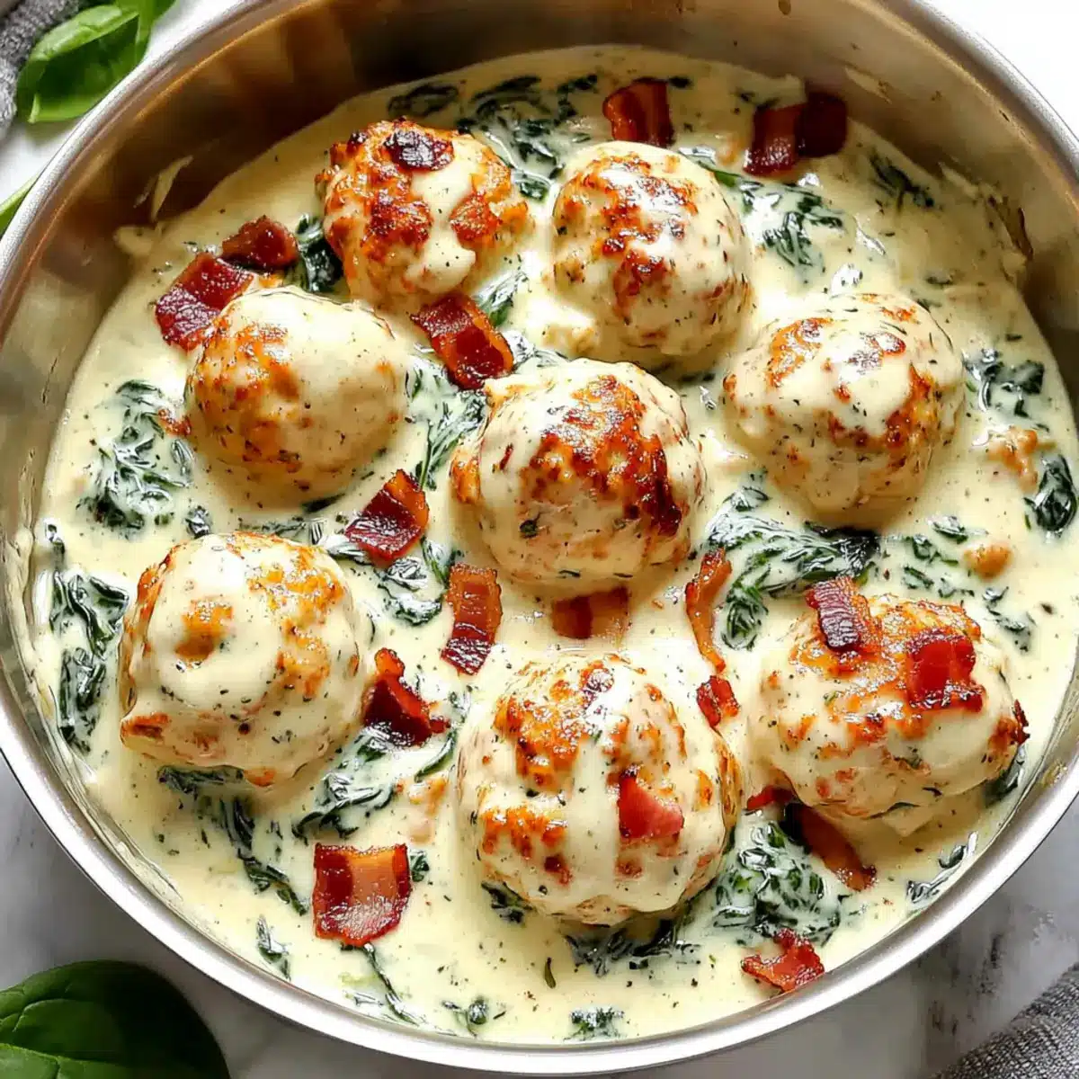 Baked Chicken Ricotta Meatballs with Spinach Alfredo Sauce