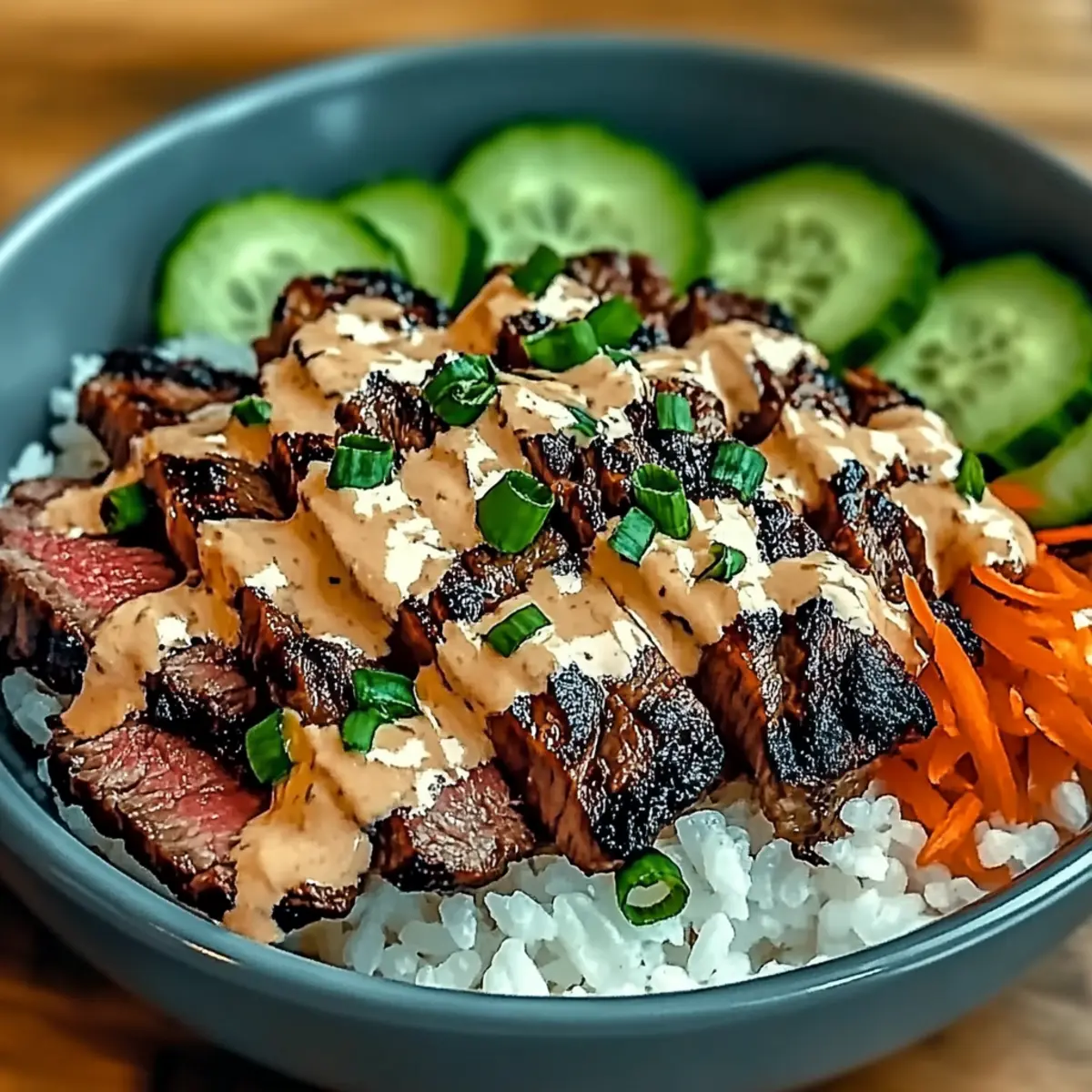 Korean BBQ Steak Rice Bowls with Spicy Cream Sauce