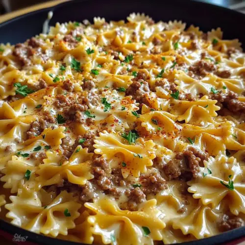 Cajun Cream Cheese Alfredo Bowties with Spiced Ground Beef