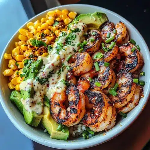 Grilled Shrimp Bowl with Avocado, Corn Salsa & Creamy Garlic Sauce