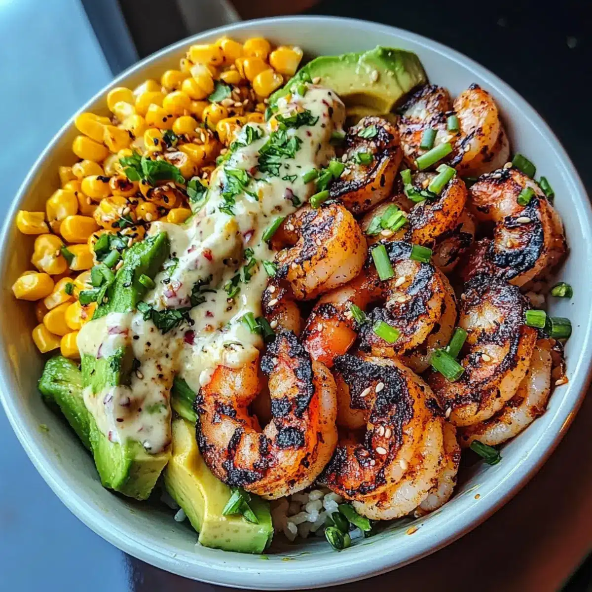 Grilled Shrimp Bowl with Avocado, Corn Salsa & Creamy Garlic Sauce