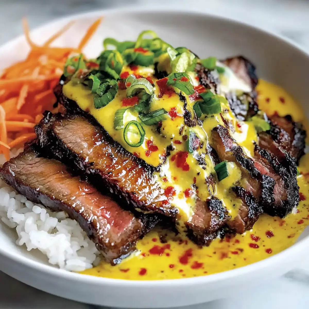 Korean BBQ Steak Rice Bowls with Spicy Cream Sauce