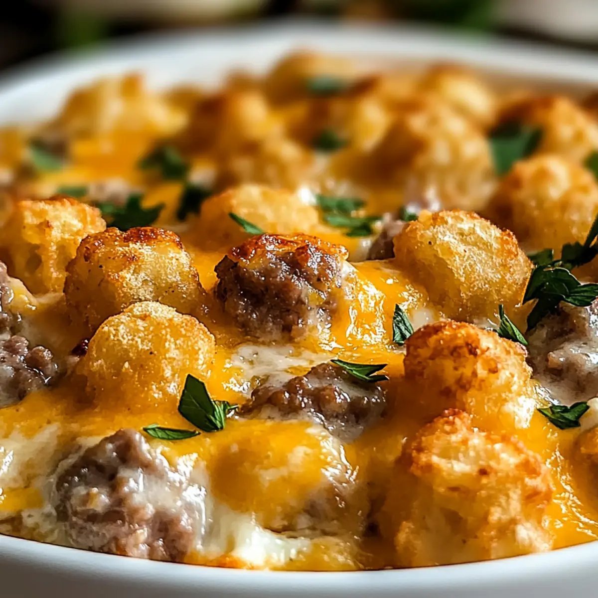 Tater Tot Breakfast Casserole with Sausage Gravy
