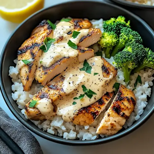 Chicken & Rice Bowls with Creamy Garlic Sauce