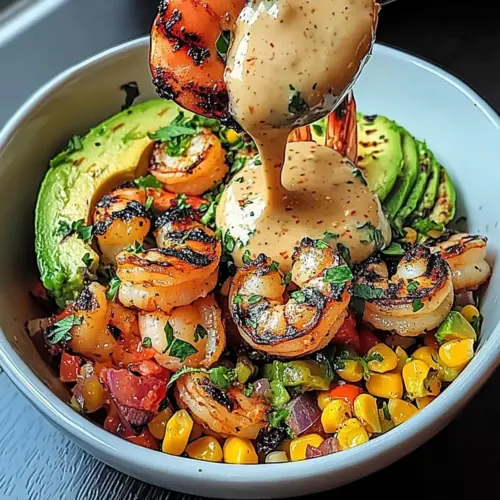 Grilled Shrimp Bowl with Avocado, Corn Salsa & Creamy Garlic Sauce