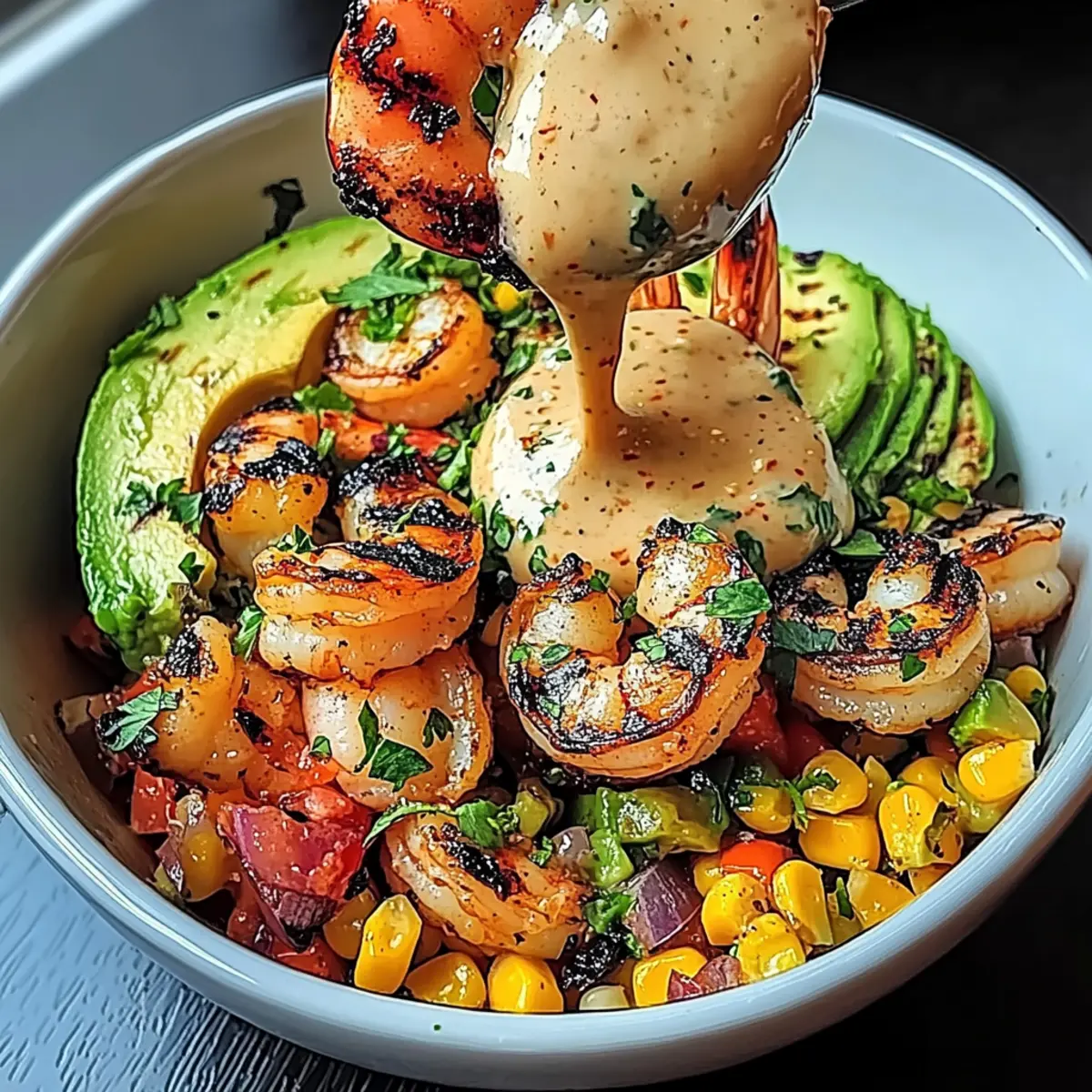 Grilled Shrimp Bowl with Avocado, Corn Salsa & Creamy Garlic Sauce