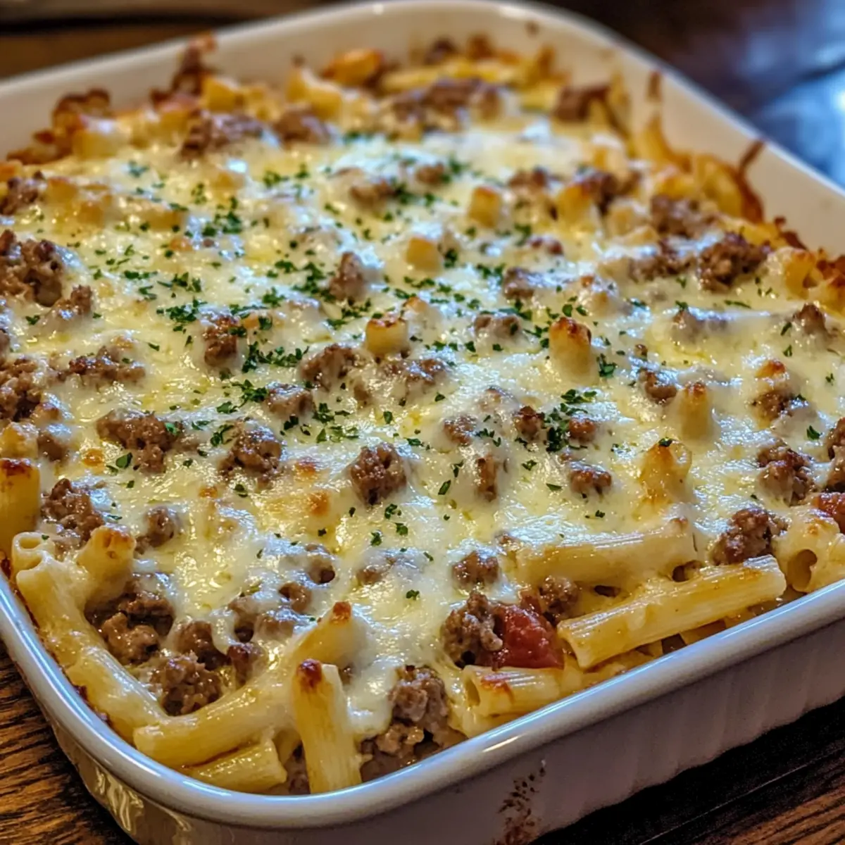 Creamy Beef Alfredo Ziti Casserole
