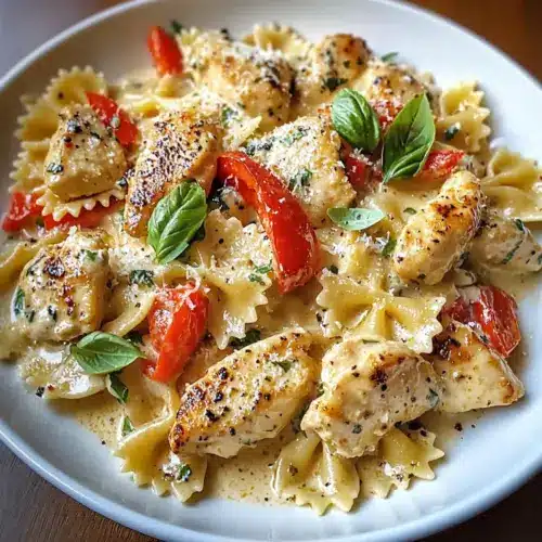 Parmesan Roasted Red Pepper Chicken Bowties in Garlic Cream