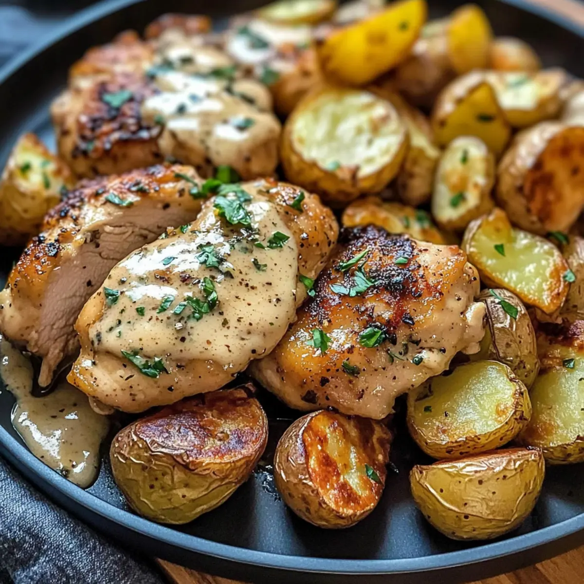 Creamy Garlic Chicken & Crispy Potatoes