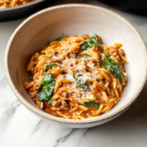 Ground Beef Orzo with Tomato Cream Sauce