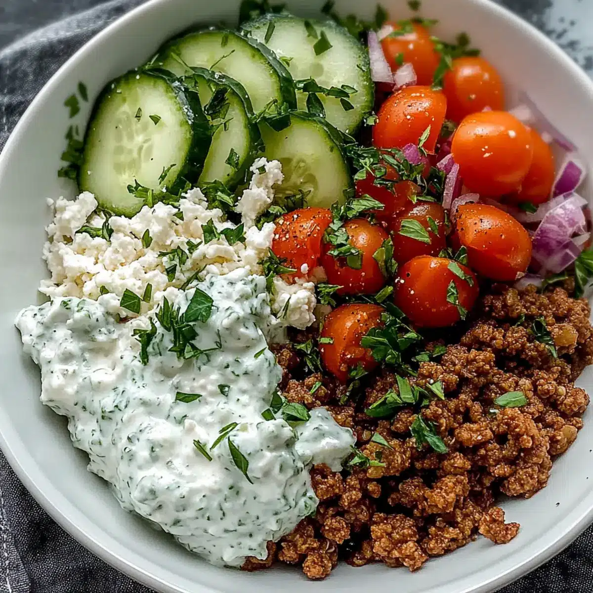 Greek Ground Beef Bowl with Tzatziki