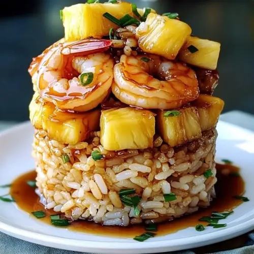 Teriyaki Shrimp and Pineapple Rice Stack
