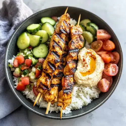Mediterranean Rice Bowl with Grilled Chicken Tawook Skewers