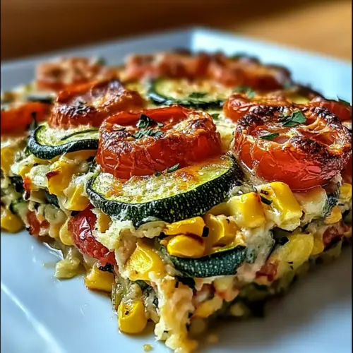 Cheesy Zucchini Corn Tomato Bake with Parmesan Crust